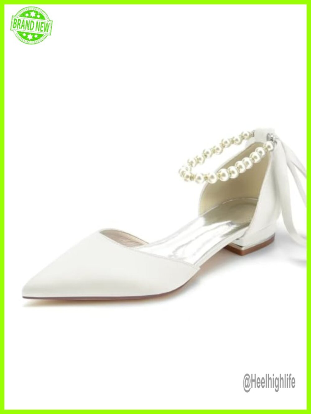 Women's Bride Ballet Flats Satin Pointed Toe Pearl Ankle Strap Shoes